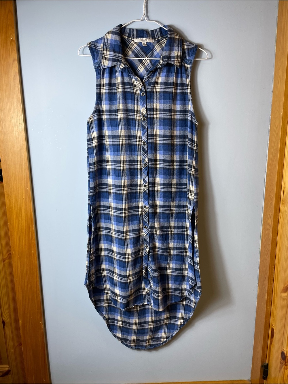 AnM Sleeveless Blue Plaid Button Front Flannel Shirt Maxi Dress